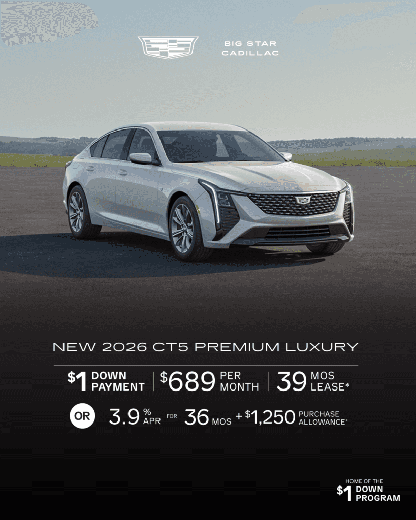 Lease a New 2026 CT5 Premium Luxury, for $689 for 39 mo lease with $1 Down -or- purchase and receive 3.9% APR + $1,250 Purchase Allowance