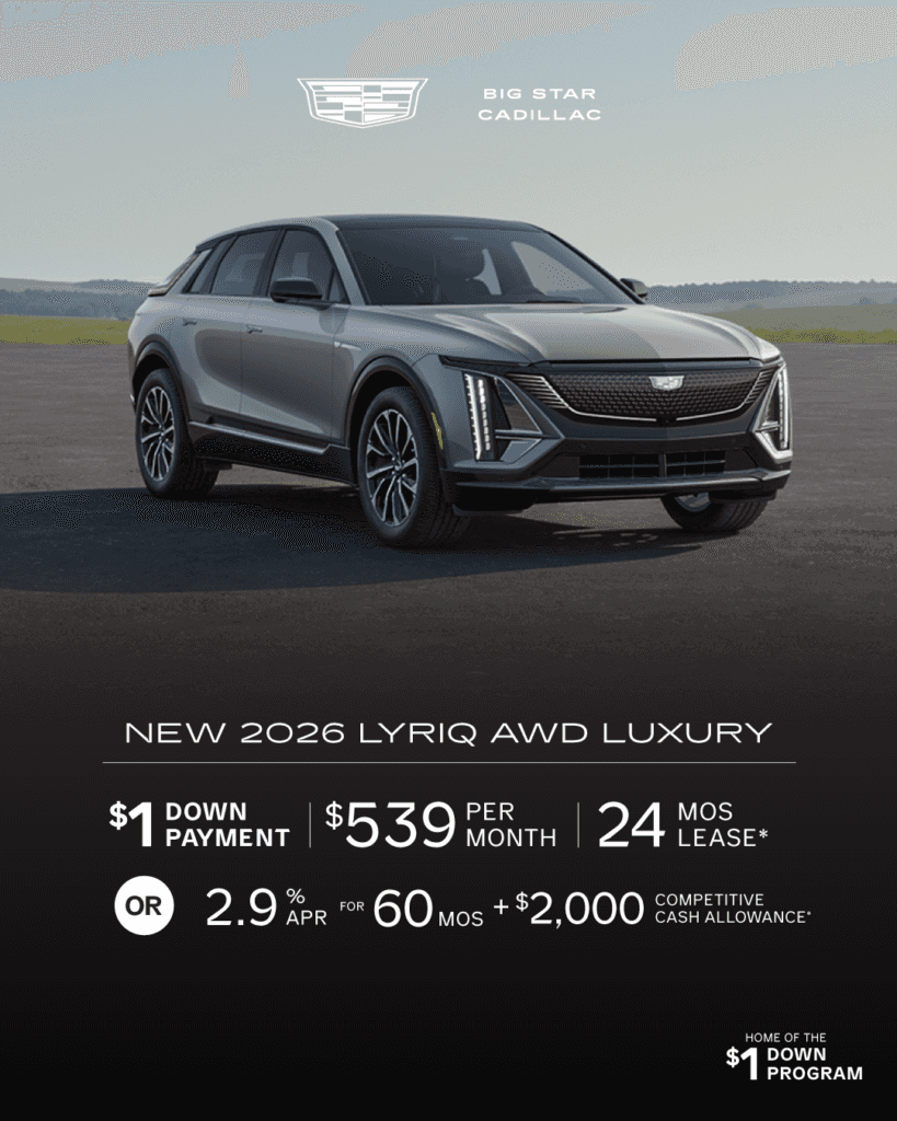 Lease 2026 Cadillac LYRIQ AWD Luxury for $539 mo for 24 mo lease with $1 Down -or- purchase and receive 2.9% APR for 60 months + $2,000 Competitive Cash Allowance