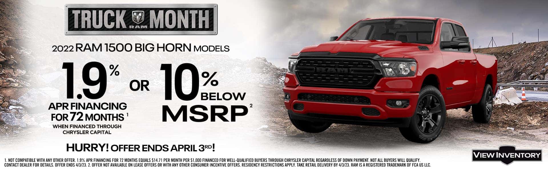 Ram Offer Truck of the Month 1.9% APR for 72 Months or 10% Below MSRP for CDJR Crestview