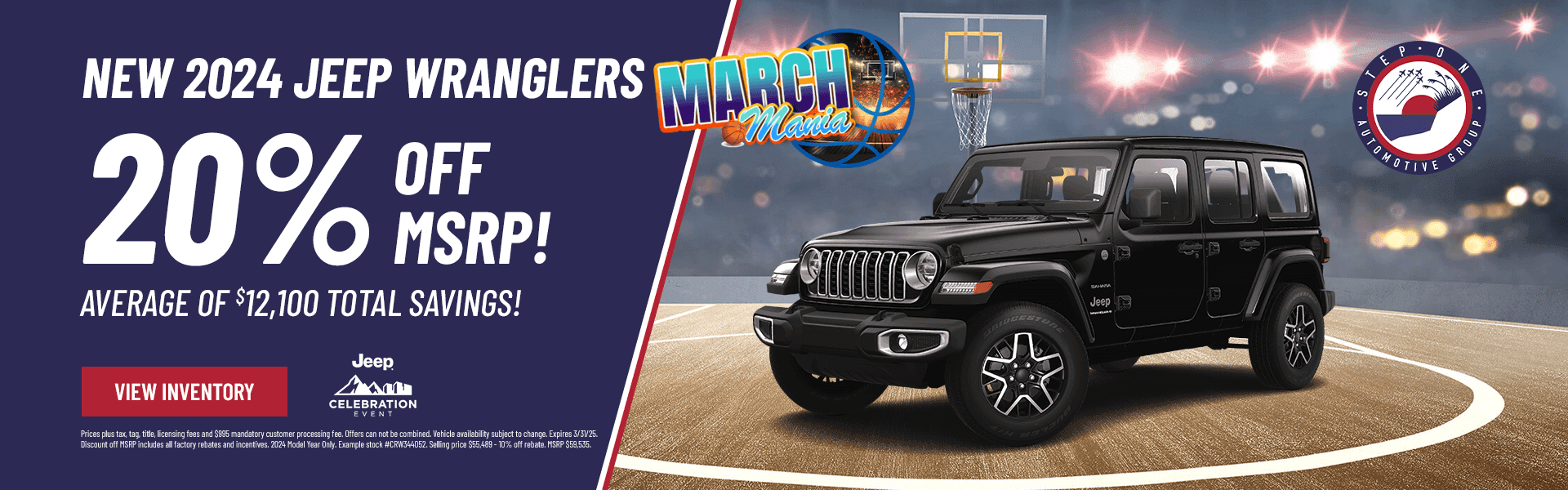 New 2024 Jeep Wranglers - 20% off MSRP at Step One Chrysler Dodge Jeep Ram Crestview in Crestview, FL. Select the image to see matching inventory.