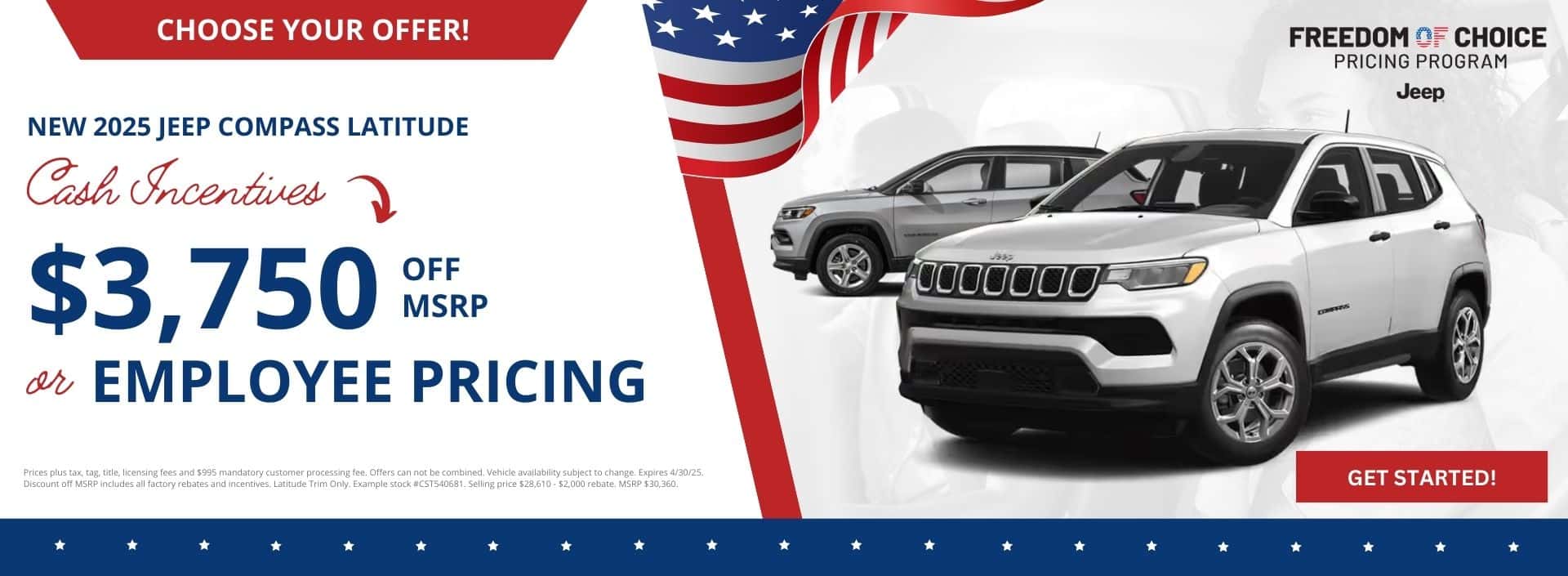Get $3750 Off a New 2025-Jeep-Compass-Latitude at Step One Chrysler Dodge Jeep Ram FIAT Crestview in Crestview, Florida.