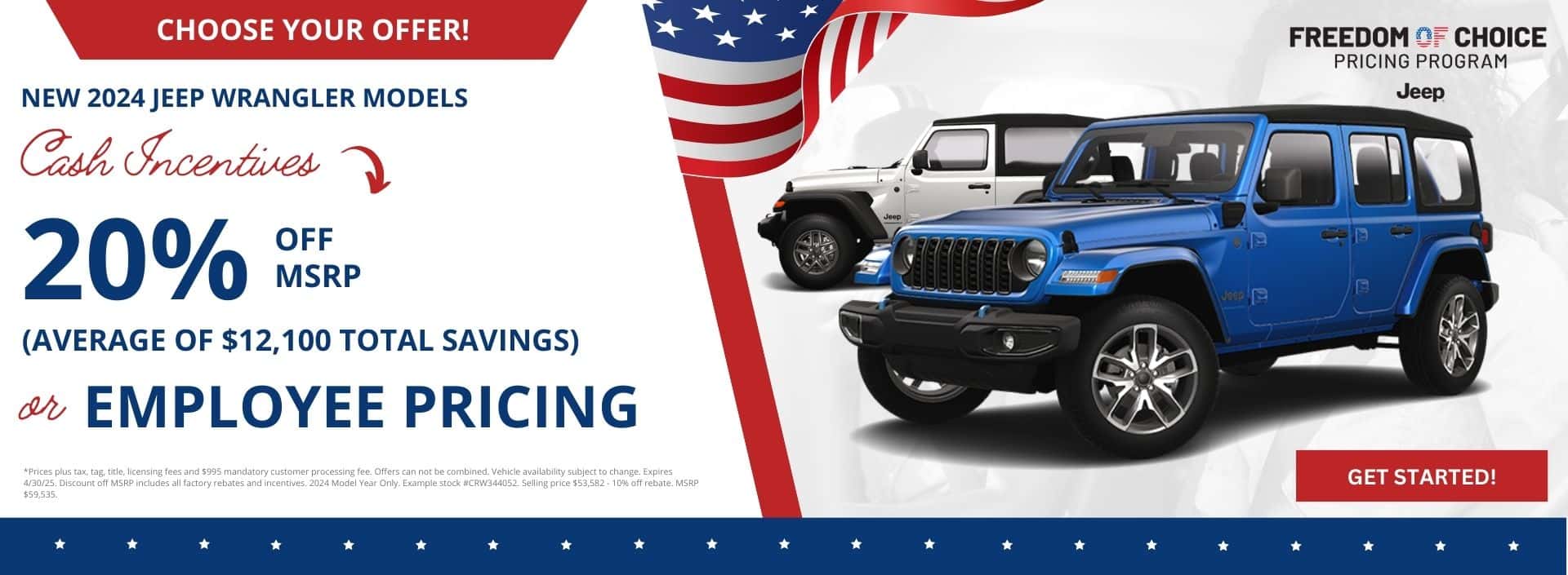 Get 20% Off a New 2024-Jeep Wrangler at Step One Chrysler Dodge Jeep Ram FIAT Crestview in Crestview, Florida.
