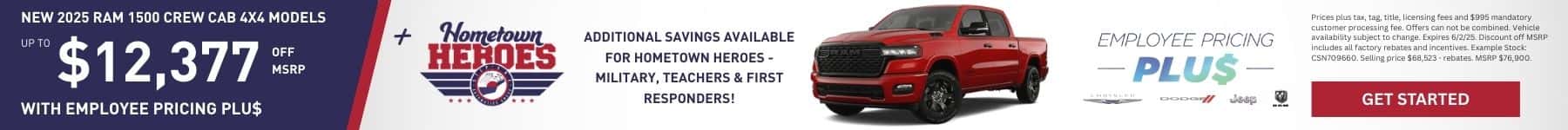 Buy a New 2025 Ram 1500 Crew Cab 4X4 and get Up To $12,377 off MSRP with Employee Pricing PLU$ at Step One Chrysler Dodge Jeep Ram Crestview in Crestview, FL. Select the image to view inventory.