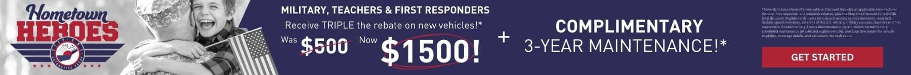For those who serve we go the extra mile. Military, Teachers & First Responders receive TRIPLE the rebate on new vehicles! + complimentary 3-years maintenance at Step One Chrysler Dodge Jeep Ram Crestview in Crestview, FL. Select the image to view New Inventory.
