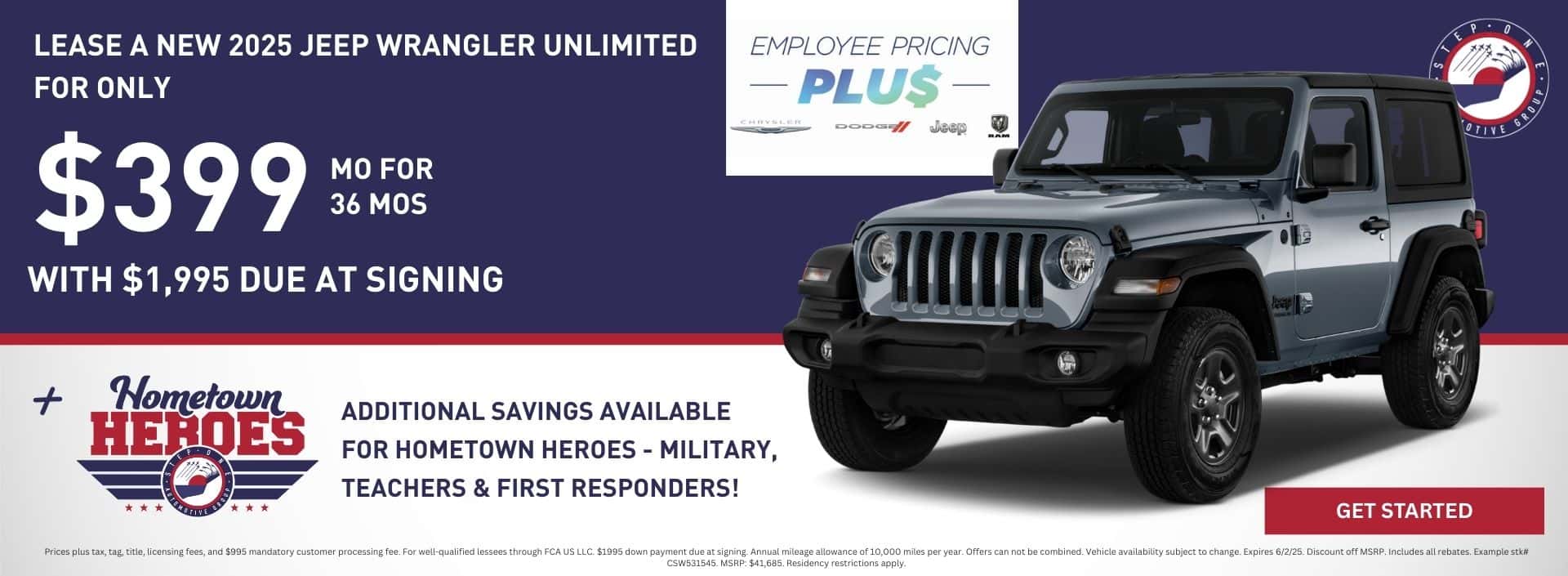 Lease a New 2025 Jeep Wrangler Unlimited For Only $399/Month for 36 months with $1,995 down at Step One Chrysler Dodge Jeep Ram Crestview in Crestview, FL. Select the image to view inventory.