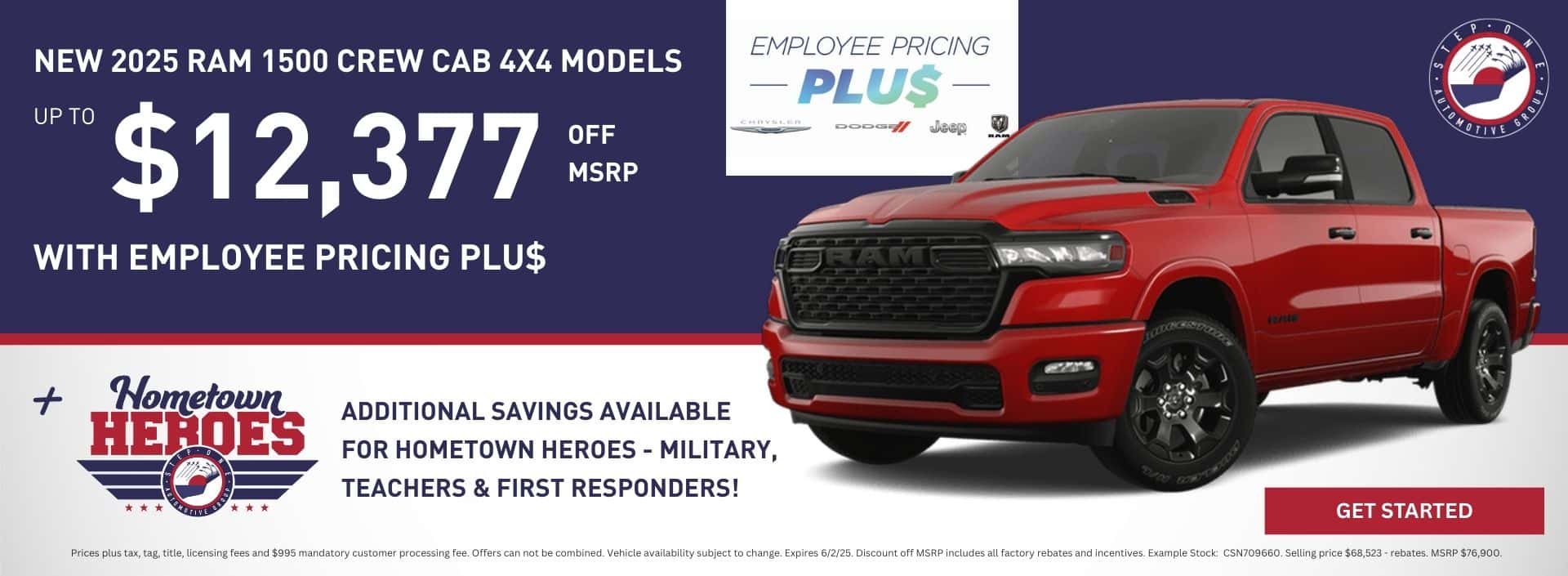 Buy a New 2025 Ram 1500 Crew Cab 4X4 and get Up To $12,377 off MSRP with Employee Pricing PLU$ at Step One Chrysler Dodge Jeep Ram Crestview in Crestview, FL. Select the image to view inventory.
