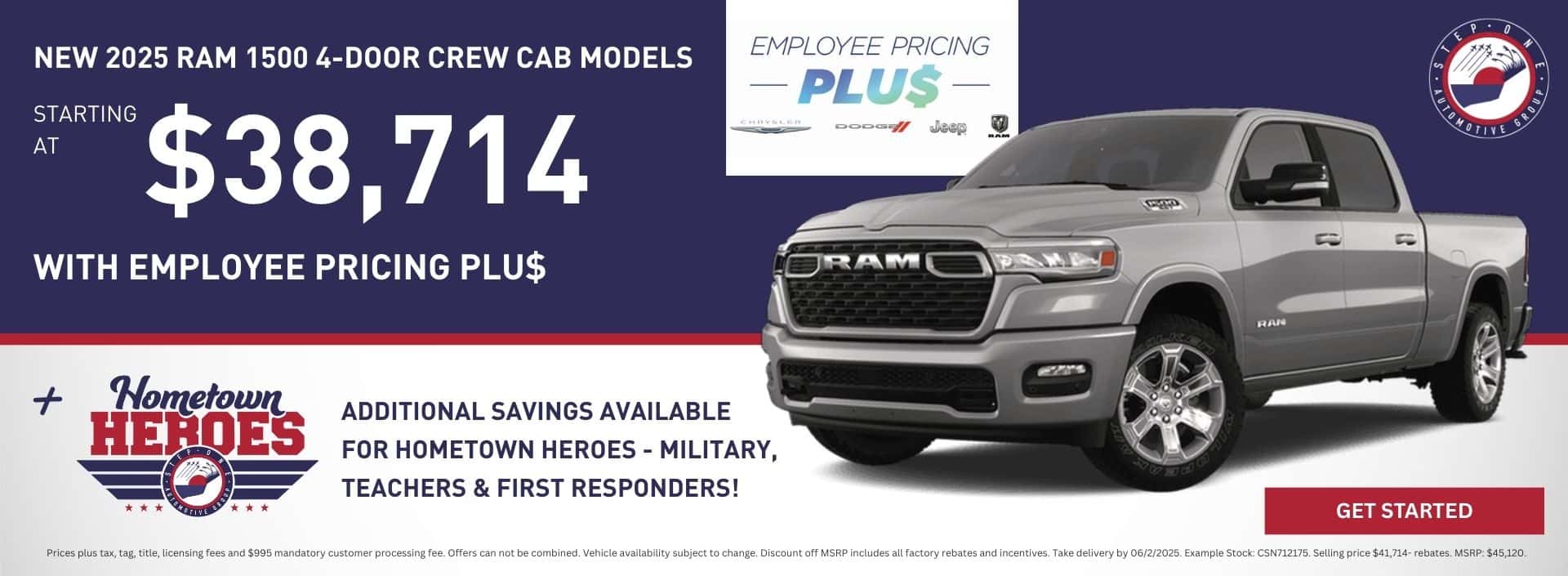Buy a New 2025 Ram 1500 4-door Crew Cab - Starting at $38,714 with Employee Pricing PLU$ at Step One Chrysler Dodge Jeep Ram Crestview in Crestview, FL. Select the image to view inventory.