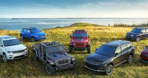 A bunch of different Chrysler Dodge Jeep and Ram Vehicles parked on the grass