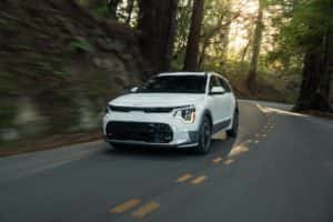 2023 Niro EV white driving on forest road
