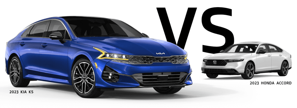 Side-by-side comparison of the Kia K5 and Honda Accord sedans