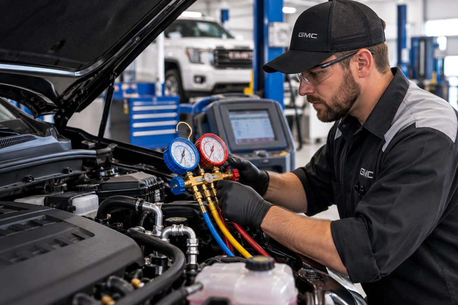 Illustrative automotive A/C system inspection with pressure gauges under an open hood
