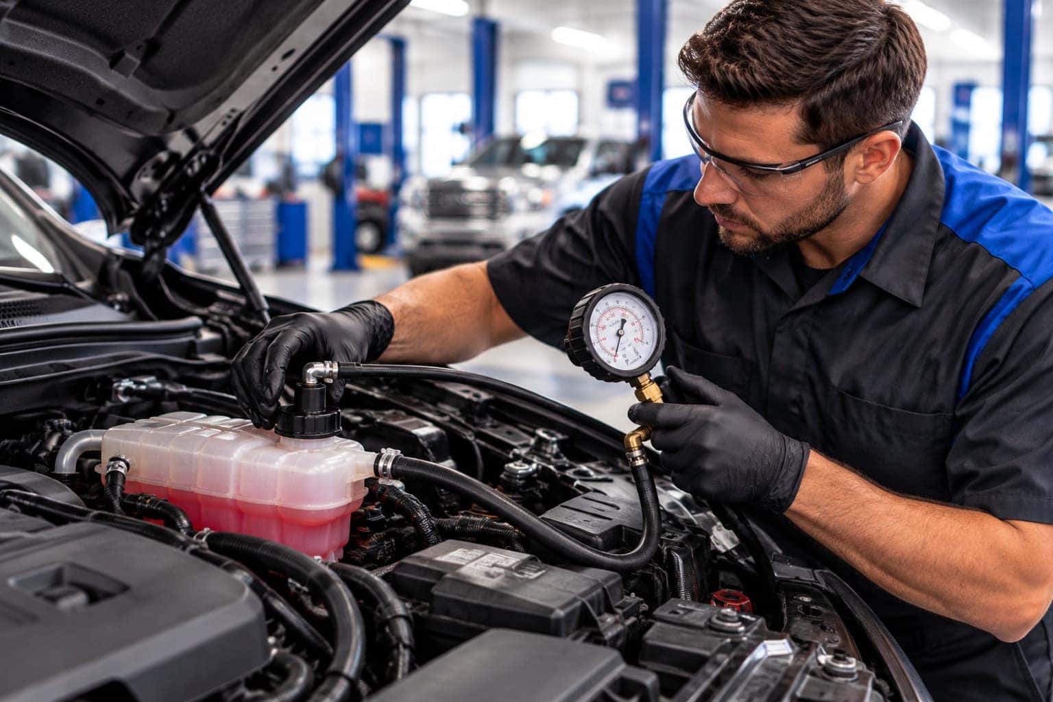 Illustration of a technician pressure-testing an engine cooling system