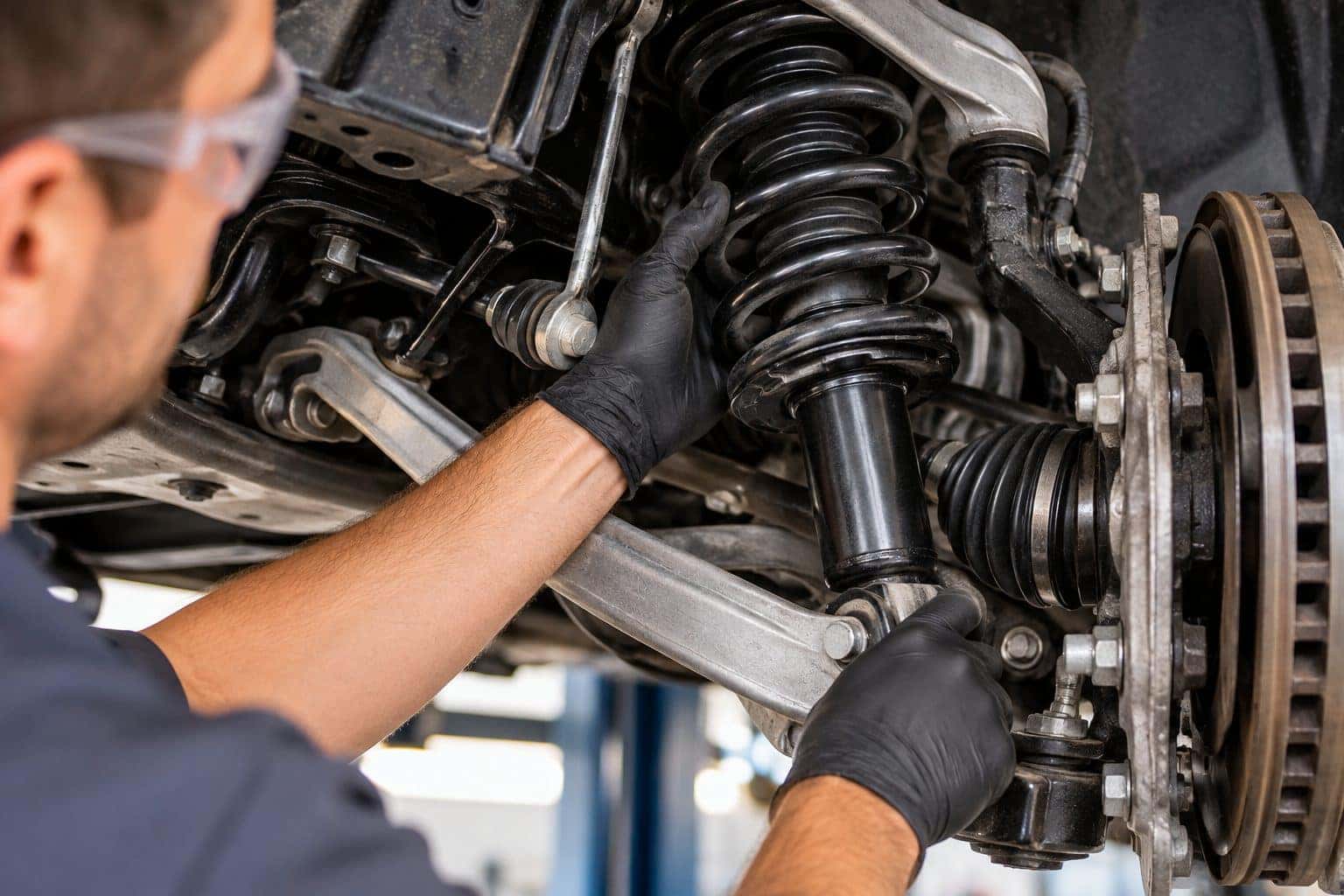Close-up of a technician examining a front strut, spring, control arm and nearby suspension components