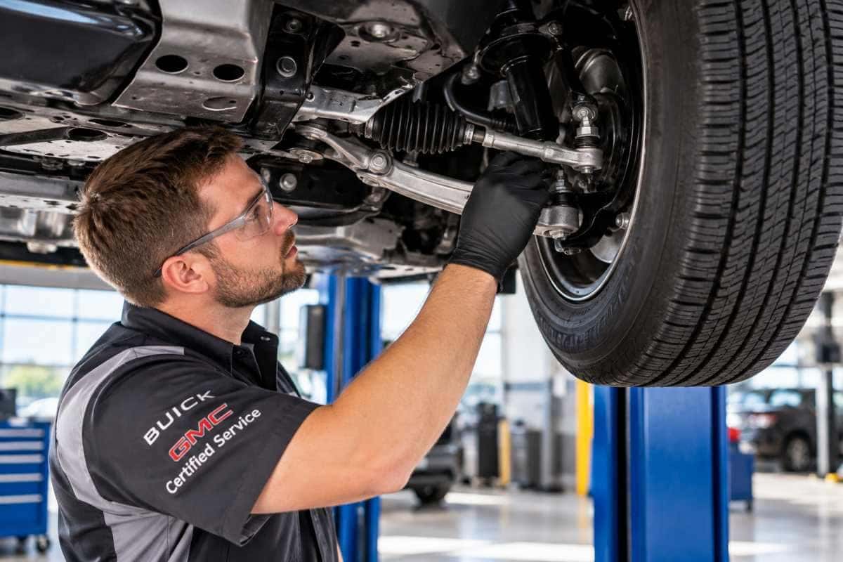 Illustrative image of a technician examining steering and suspension components beside a lifted vehicle