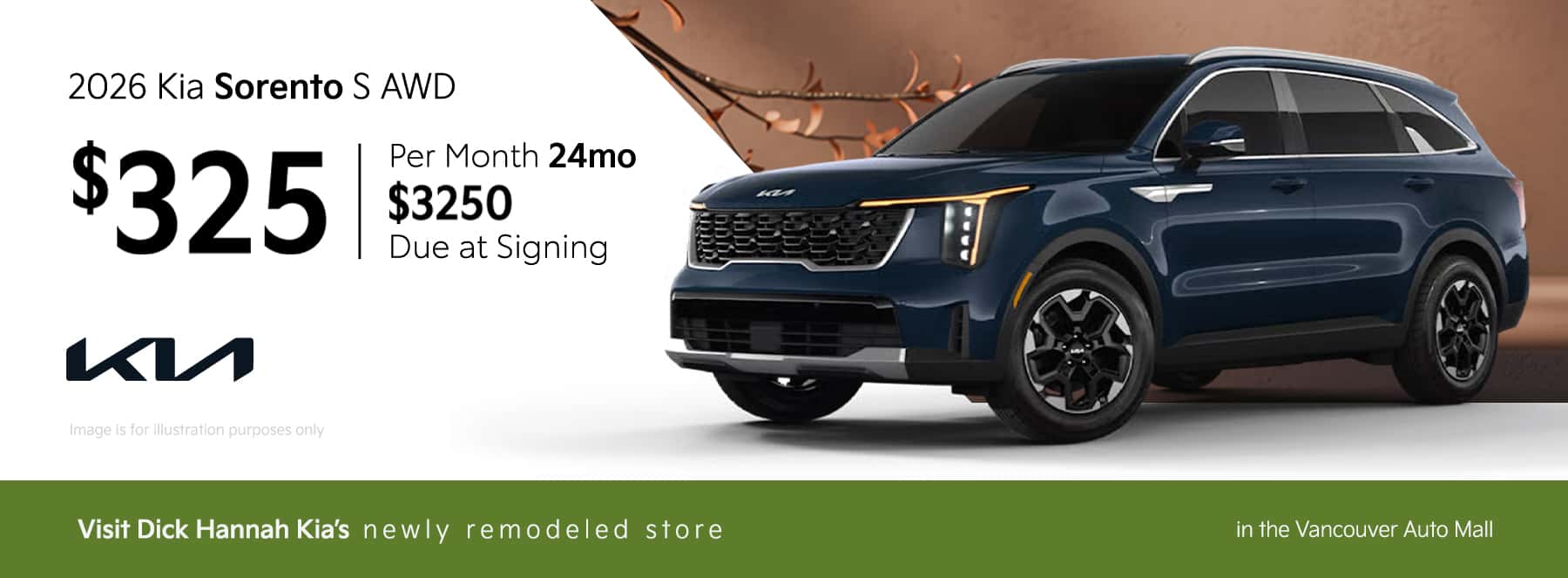 Lease Offer: 2026 Kia Sorento S AWD $325 month for 24 months $3250 due at signing