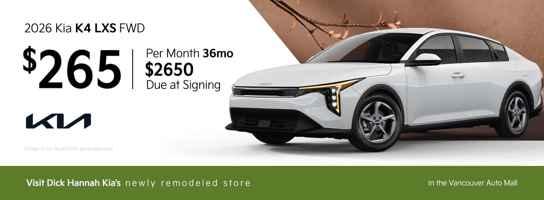 Lease Offer: 2026 Kia K4 LXS FWD $265 month for 36 months $2650 due at signing
