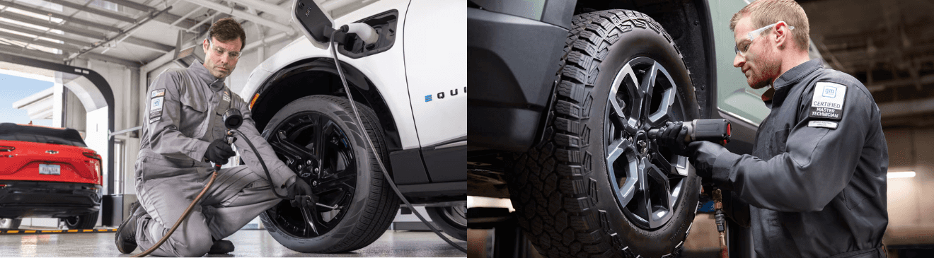 Two different images of Chevrolet Vehicles getting work done