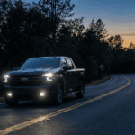 Chevrolet Silverado LED headlights illuminating Highway 49 near Auburn.