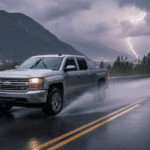 Chevrolet truck driving on wet roads with proper tire tread in Auburn, CA