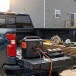Chevrolet Silverado tailgate workstation setup in Auburn CA backyard