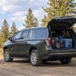 2026 Chevrolet Suburban rear cargo area loaded for a family road trip in the Sierra Nevada foothills near Auburn, CA