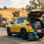 2026 Chevrolet Trailblazer parked near Moonraker Brewing in Auburn CA with friends gathering at the tailgate on a late summer evening
