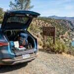 2026 Chevrolet Equinox with open tailgate at the Confluence trailhead, American River canyon, Auburn, CA, September morning