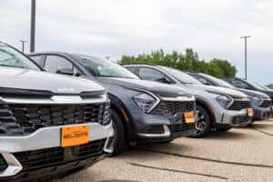Lineup of Kia Sportages on Lot