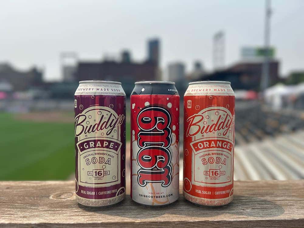 1919 Root Beer and Buddy's Grape and Orange Soda Cans