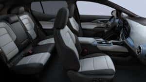 Black and grey car interior with five seats 
