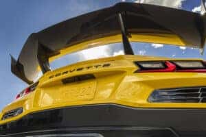 yellow Chevrolet Corvette ZR1 back end with wing