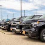 Silverado 1500 lined up on lot