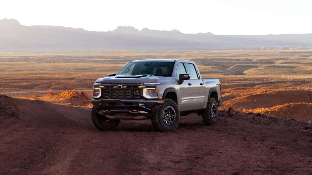 2027 Chevrolet Silverado 1500 ZR2 in White Sands. Exterior drive