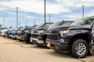 Silverado 1500 lined up on lot