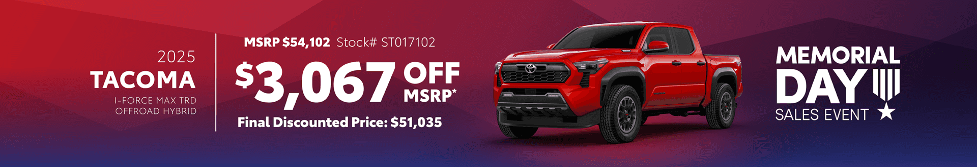 2025 Tacoma i-Force MAX TRD OffRoad Hybrid: Get $3,067 off MSRP
