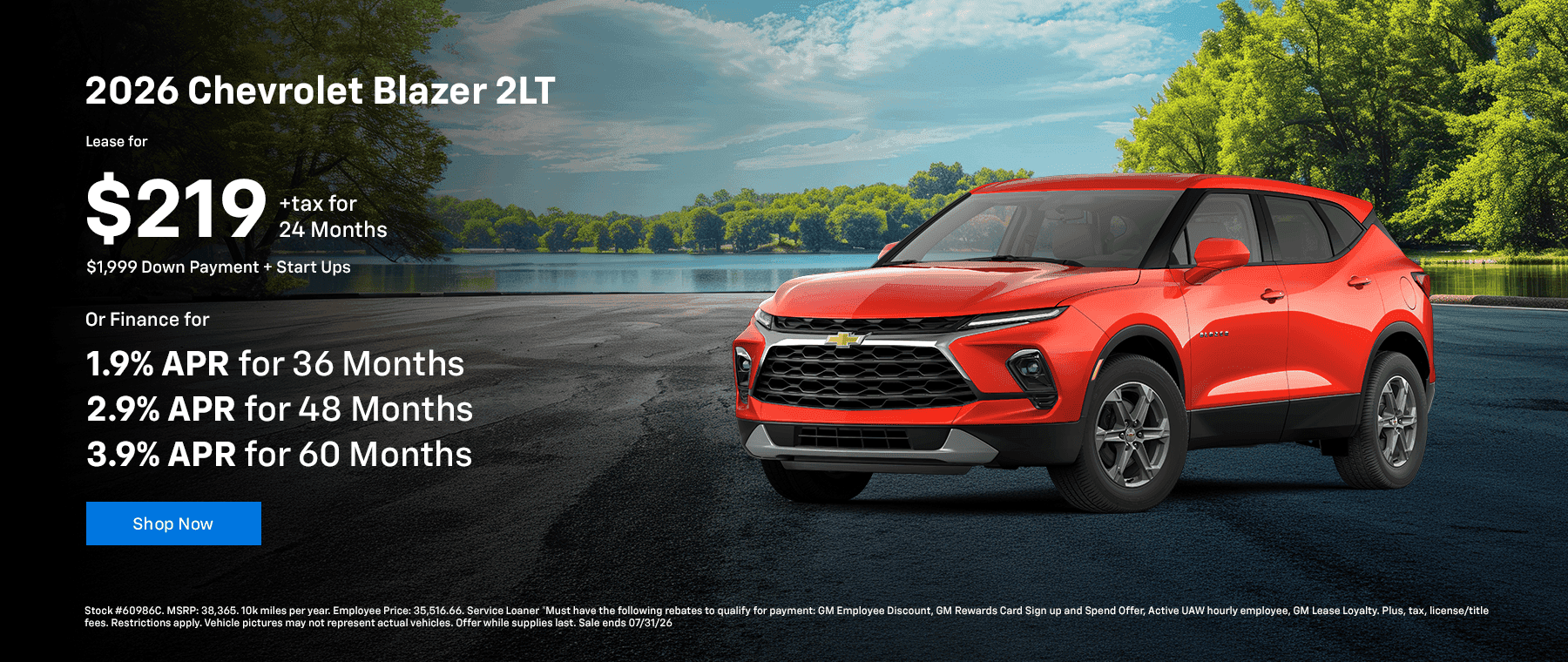 2026 Chevrolet Blazer 2LT Subtext: Lease for $219 +tax for 24 months. $1999 down payment + start ups 1.9% APR FOR 36 Months 2.9% APR FOR 48 Months 3.9% APR FOR 60 Months