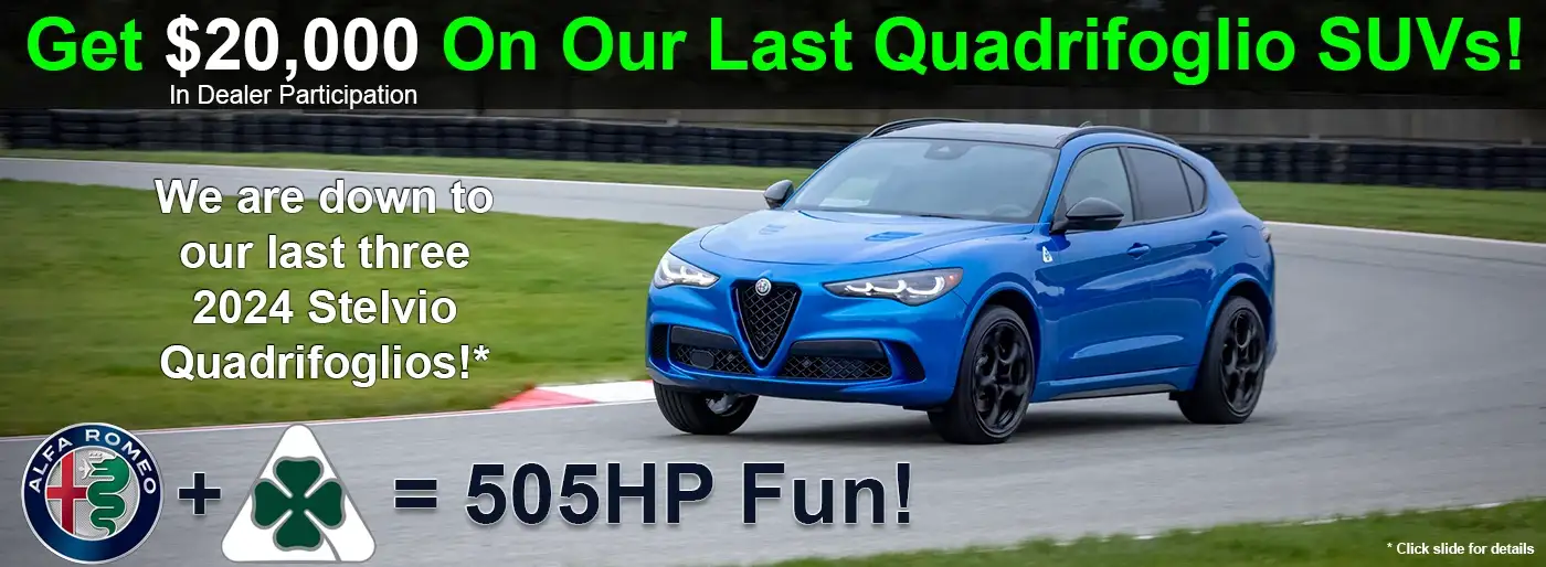 Our last remaining Stelvio Quadrifoglios get $20,000 in dealer participation in Denver, Colorado!