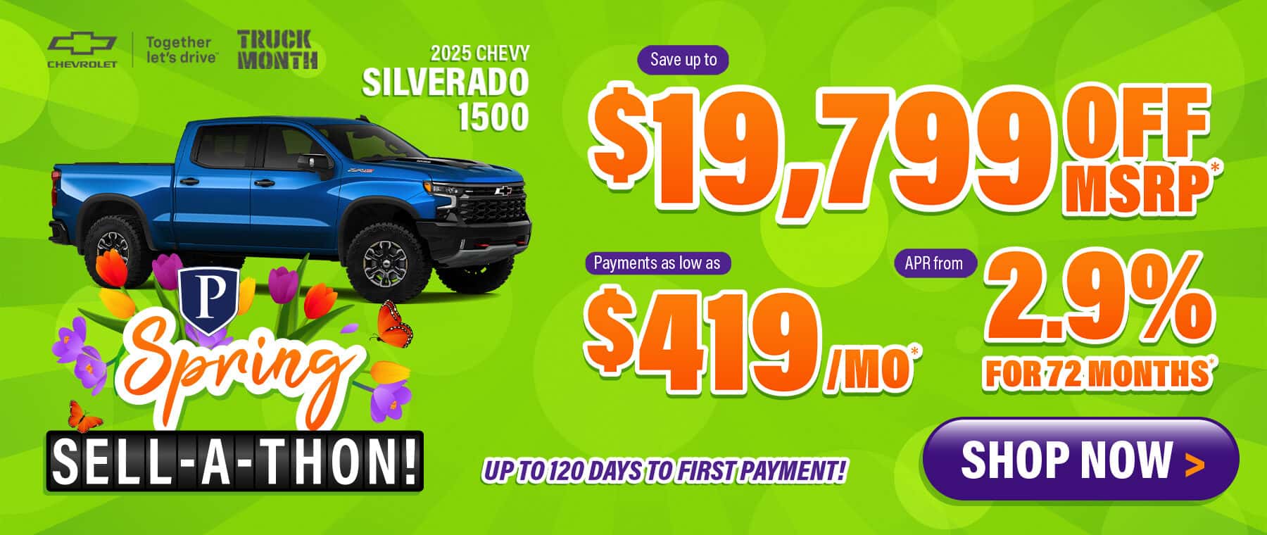 2025 Chevy Silverado 1500 - save up to $19,799 Off MSRP; payments as low as $419/month; APR from 2.9% for 72 months; up to 120 days to first payment