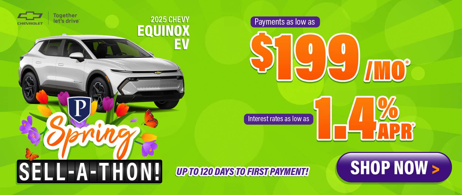 2025 Chevy Equinox EV - lease from $199 a month, finance as low as 1.4% APR; up to 120 days to first payment
