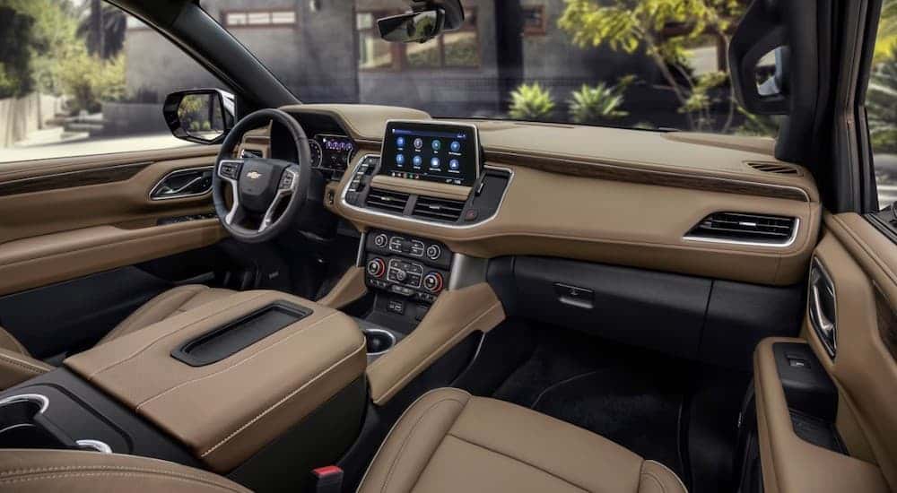 Brown interior in a 2021 Chevy Suburban.