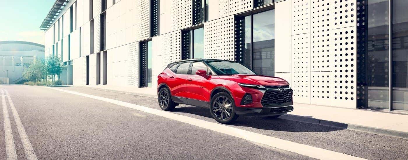 A red 2023 Chevy Blazer RS from the front.