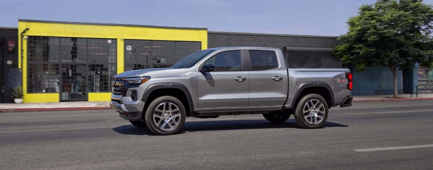 A silver 2023 Chevy Colorado from the side.