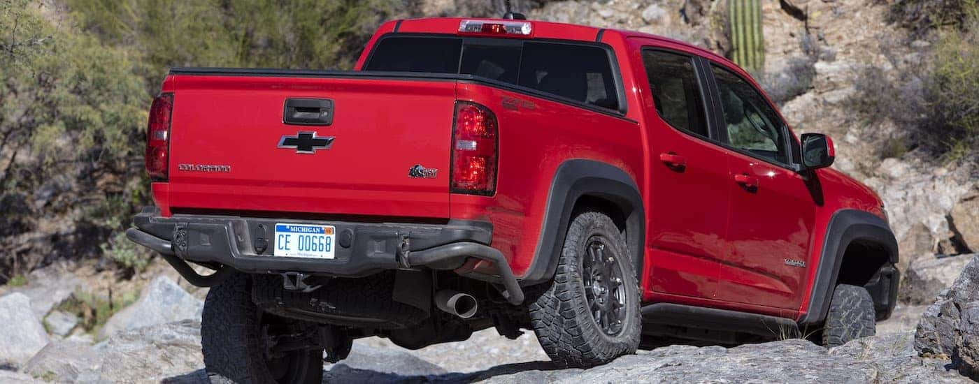 A red 2022 Chevy Colorado ZR2 from the rear at an angle.