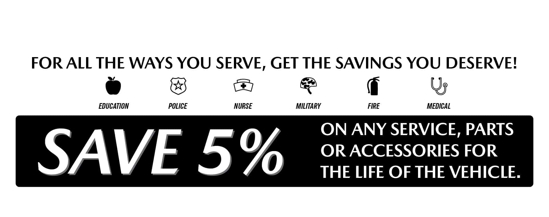For all the ways you serve, get the savings you deserve. Save 5 % on any service, parts or accessories for the life of the vehicle.