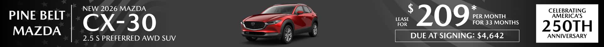 New 2026 Mazda CX-30 lease for $209 per month for 33 months with $4,642 due at signing