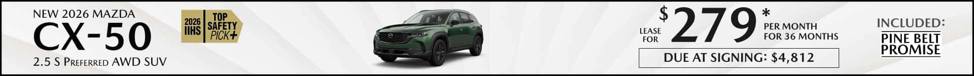 New 2026 Mazda CX-50 lease for $279 per month for 36 months with $4,812 due at signing