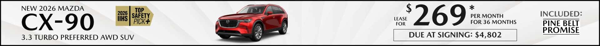 New 2026 Mazda CX-90 lease for $269 per month for 36 months with $4,802 due at signing