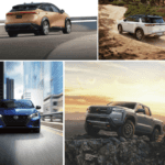 Nissan Vehicle Collage. First image: Nissan Electric vehicle on highway, second image next to first white suv on dirt road in moutains, third vehicle sedan on city road with skyscrapers in the backgroun, fourth vehicle is a truck on a rocky road against a sunset backdrop.