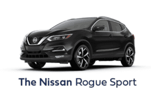 Black Nissan Rogue Sport showcased against a white backdrop, emphasizing the SUV's sleek lines and modern design