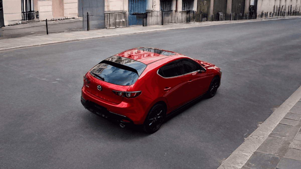 Rearview of a Mazda3 Hatchback on the road